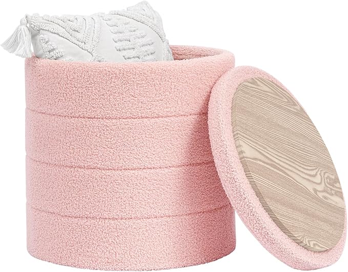 18" Tall Round Boucle Storage Ottoman, Sherpa Teddy Fabric Ottoman Footstool with Wooden Tray Reversible Lid, Folding Footrest with Storage for Living Room, Bedroom, Dorm, Pink