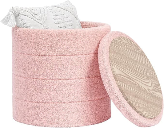 18" Tall Round Boucle Storage Ottoman, Sherpa Teddy Fabric Ottoman Footstool with Wooden Tray Reversible Lid, Folding Footrest with Storage for Living Room, Bedroom, Dorm, Pink