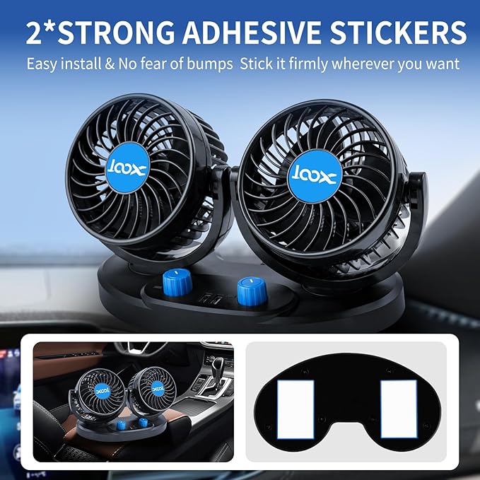 XOOL Car Fan – Car Cooling Fan with 2 USB Charging Ports, 2-Speed Adjustable, 360° Rotatable Dual Head Car Fan Quiet Strong Airflow, Cigarette Lighter Plug, Fan for Car, Vehicles, RVs, and SUVs