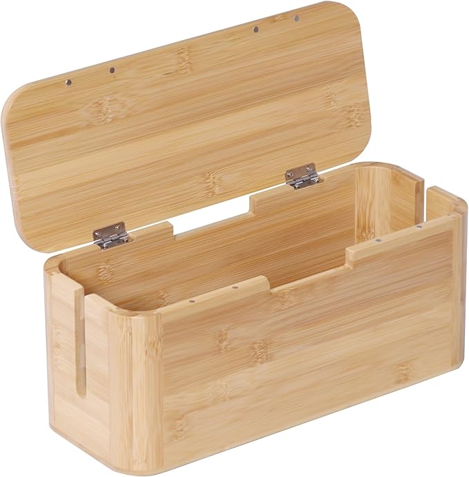 Relaxdays Cable Box for Power Strip, Bamboo, Magnetic Lid, HBT 14.5 x 34 x 11 cm, Hide Cables, Socket Box, Natural