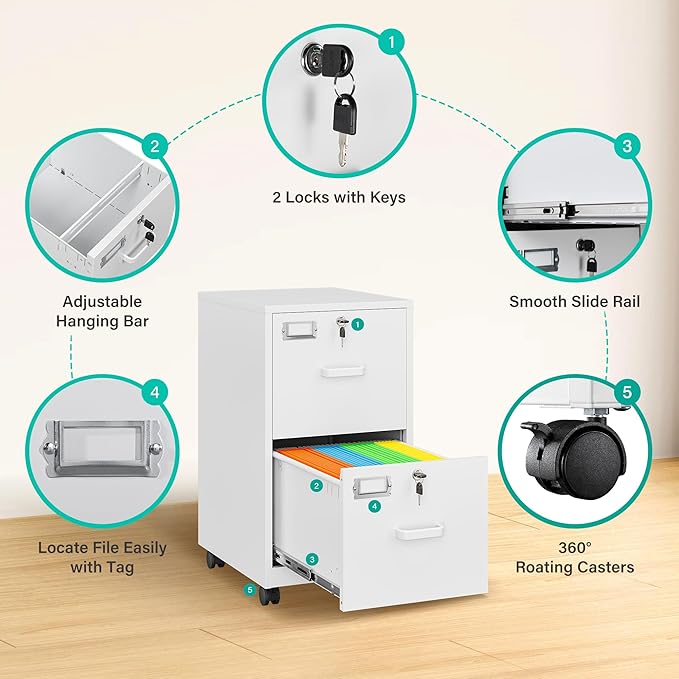 SISESOL 2 Drawer File Cabinet with Lock and Wheels,White Rolling File Cabinets,Locking Mobile Metal Filing Cabinet for Home Office,Under Desk,Fit A4/Letter/Legal File, Easy Assembly