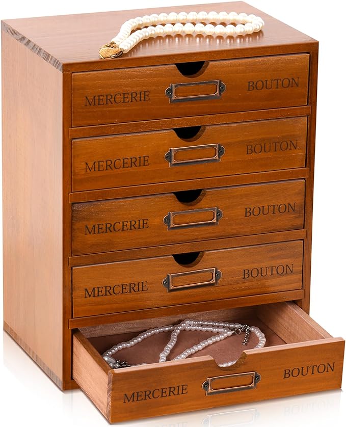 Wesiti 5 Drawer Vintage Wooden Desk Organizer, Apothecary Cabinet Storage Drawers, Rustic Shelf Drawer, Home Office Organizers and Accessories, Embroidery Floss, Craft, Art, Jewelry Storage, Stackable