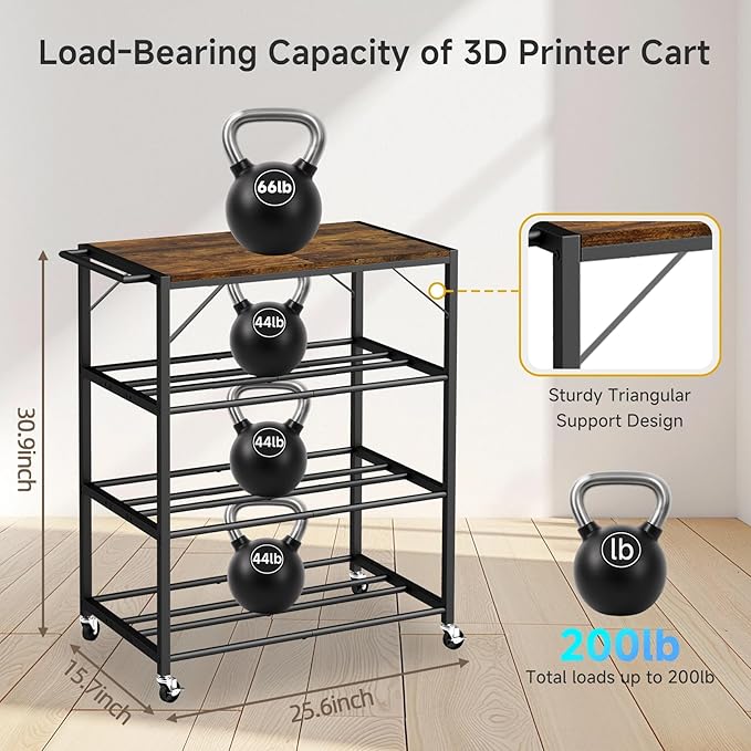 3D Printer Stand with Filaments Storage,4-Tier Heavy Duty 3D Printer Table Cart with Wheels,3D Printer Filament Rack for PLA/ABS/TPU/Nylon,Filament Spool Holder for Workshop Studio Home Office (Black)