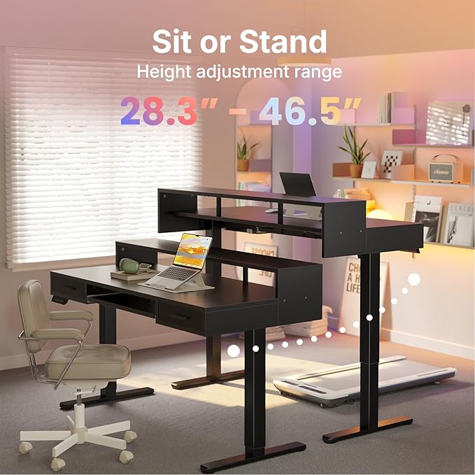 HUANUO 48″ x 26″ Electric Standing Desk with 2 Drawers &24.4″ Large Keyboard Tray, C-Clamp Mount Compatible, Adjustable Computer Desk for Office, Sit Stand Up Desk with 4 Height Presets, Black