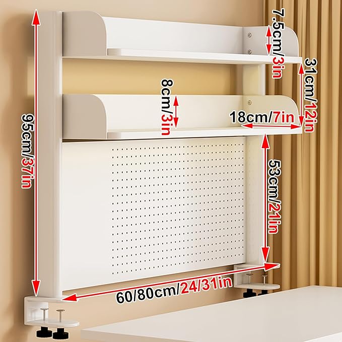 Clamp On Desk Shelf Pegboard Stand Desk Back Panel, White Desktop Bookshelf Storage Shelves, Space Saving Tabletop Display Rack Organization(80 * 95cm)