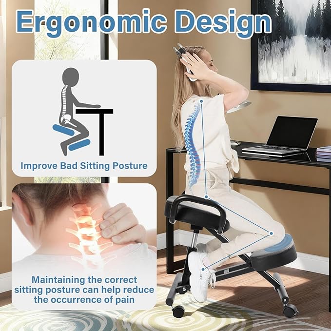 Ergonomic Kneeling Chair, Kneeling Chair with Locking Wheels, Adjustable Height Kneeling Support Chairs, PU Computer Kneel Chairs for Living Room