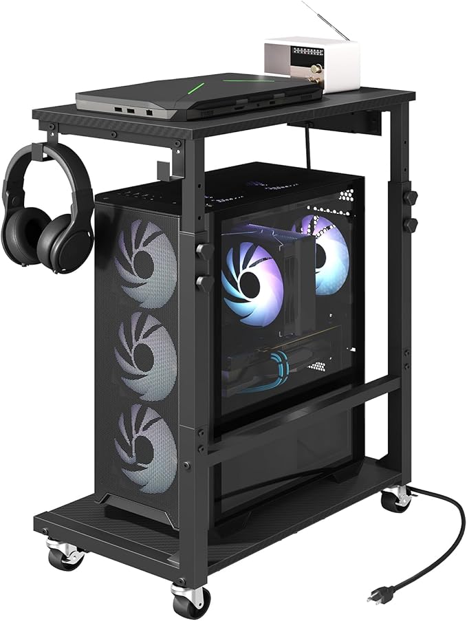 MAHANCRIS Computer Tower Stand with Power Outlet, Mobile PC Stand for Floor, Height Adjustable PC Holder Cart Under Desk, 26.6"-32.7" H, for Home Office, Gaming Room, Black PCHS215E01