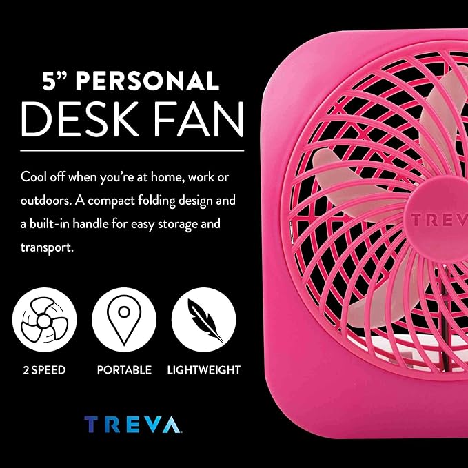 Treva 5 Inch Battery Powered Fan Portable Desk Fan 2 Cooling Speeds with Compact Folding & Tilt Design Cubicle Accessories Small Portable 2 Pack (Raspberry)