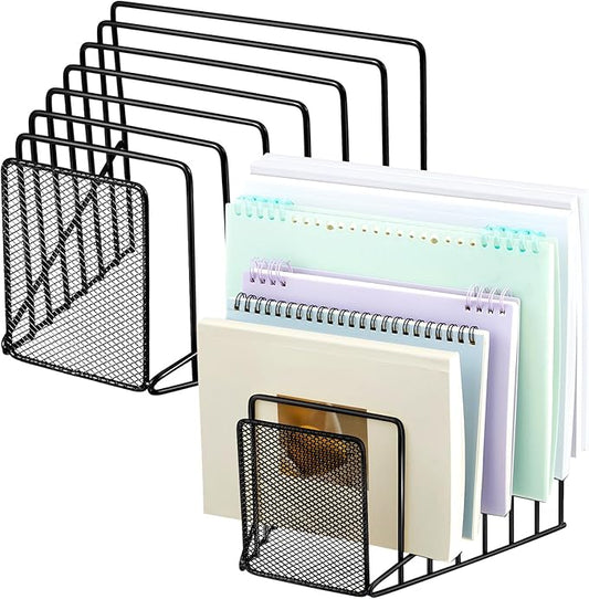 2 Pcs 7 Section Wire File Organizer for Desk, Metal Mesh Incline File Holder, Letter & Magazine Folder Rack, Desktop Paper Sorter for Home Office School (Black)