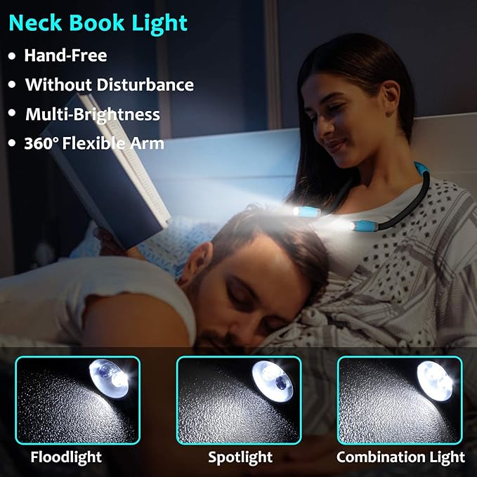 LUXJET Neck Reading Light & Book Light for Reading in Bed - Hands Free, 6 Brightness Levels, 360° Flexible Arms, 80-Hour Rechargeable - Reading, Knitting, Camping, Repairing - Gifts for Book Lovers