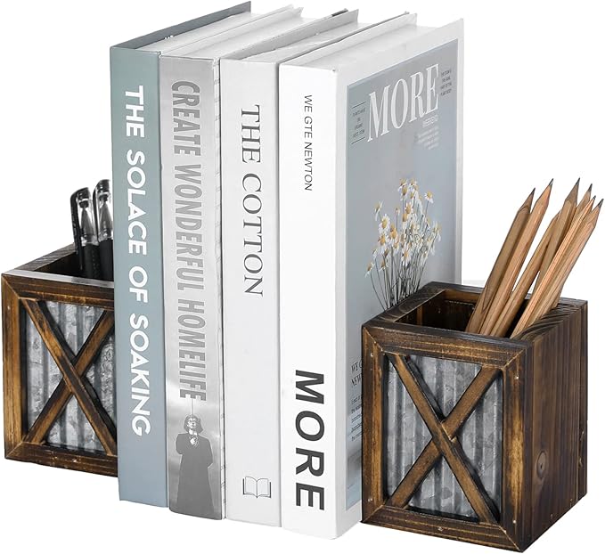 MyGift Rustic Decorative Bookends, Book Ends for Shelves with Pen Holder, for Home Office Classroom, Dorm Room, Desk, Burnt Wood with Corrugated Galvanized Metal Accent
