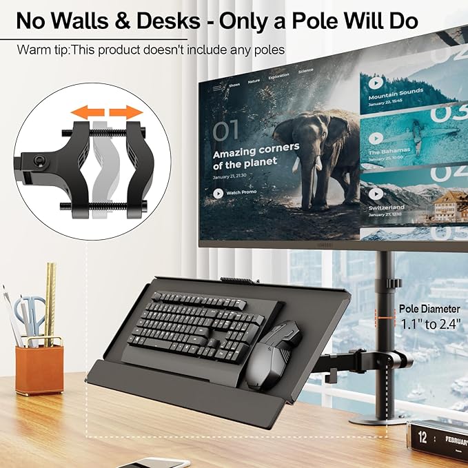 PUTORSEN Keyboard Tray Pole Mount - Keyboard & Mouse Mount fits Most Standard and Oversized Keyboards, Tilt & Rotation, Holds up to 2.2lbs, Black