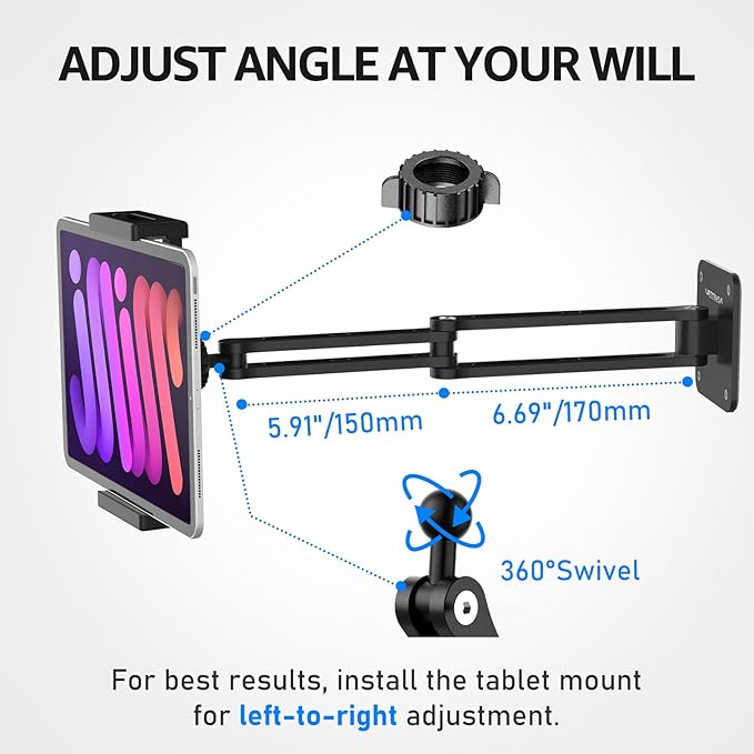 Urmust Adjustable Tablet Wall Mount, iPad Wall Mount Holder with 360° Swivel, Extendable Wall Mount for 4.7-13" Phones & Tablets, Long Arm Foldable Bracket for iPad Pro/Air/Mini,Galaxy Tab, Kindle