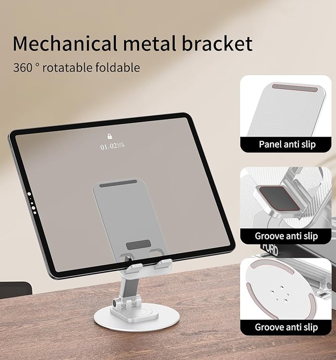 360° Rotating Cell Phone Stand for Desk, Adjustable & Foldable Phone Holder, Aluminum Desktop Phone Stand with Anti-Slip Base, Compatible with iPhone, iPad, Android Phones, K39B-White