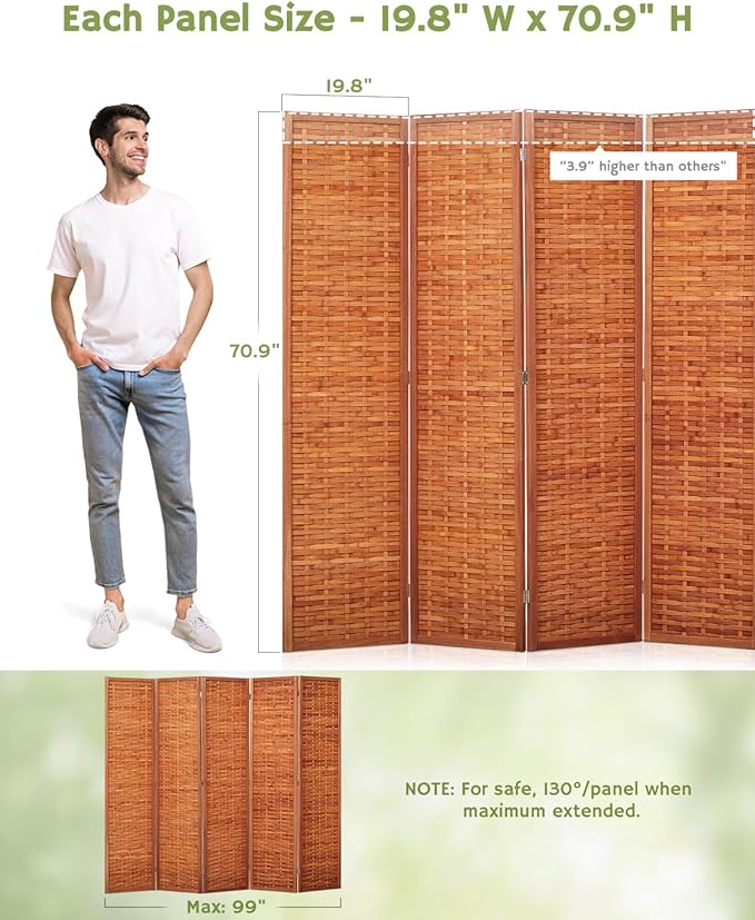 JOSTYLE 6ft Folding Privacy Screens 5-Panel Freestanding Room Dividers, Reddish Brown, 70.9" H x 99" W