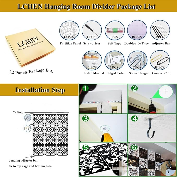 Lchen Hanging Wall Divider,12pcs PVC Room Partition Screen Panel with Butterfly Flower Bird for Home,Office,Hotel,Bar Decoration(black02)