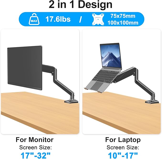 Laptop Stand Desk Mount, 2 in 1 Function, Gas Spring Arm Fits Max 17" Notebook and 32" Computer Screen, Single Monitor Mount with Laptop Tray, Holds up to 17.6lbs