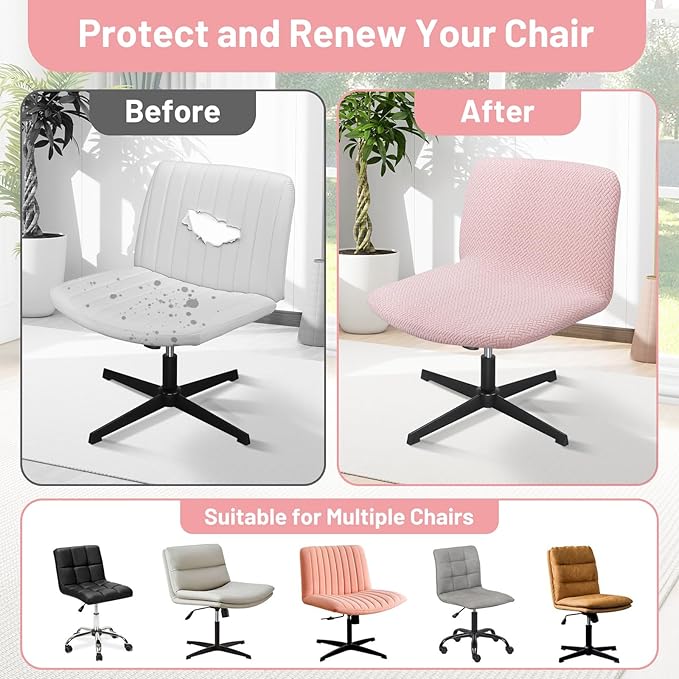 Criss Cross Chair Cover, Armless Pink Vanity Slipper Swivel Office Computer Task Desk Chair Cover, Cross Legged Slipcover Mid Back Wide Seat Chairs Cover for Bedroom（Only Covers, No Chairs）