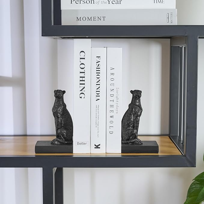 Black Cheetah Bookends, Book Ends for Shelves to Hold Books Heavy Duty, Creative Resin Book Stoppers for Home Farmhouse Shelves Office Lover Gift