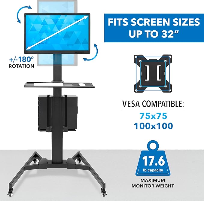 Mount-It! Computer Cart Mobile Desk Workstation with Monitor Mount for Screen up to 32", Rolling Computer Desk PC Cart, Keyboard & Mouse Tray, Rolling Stand with Adjustable CPU Holder, 63.5" Tall