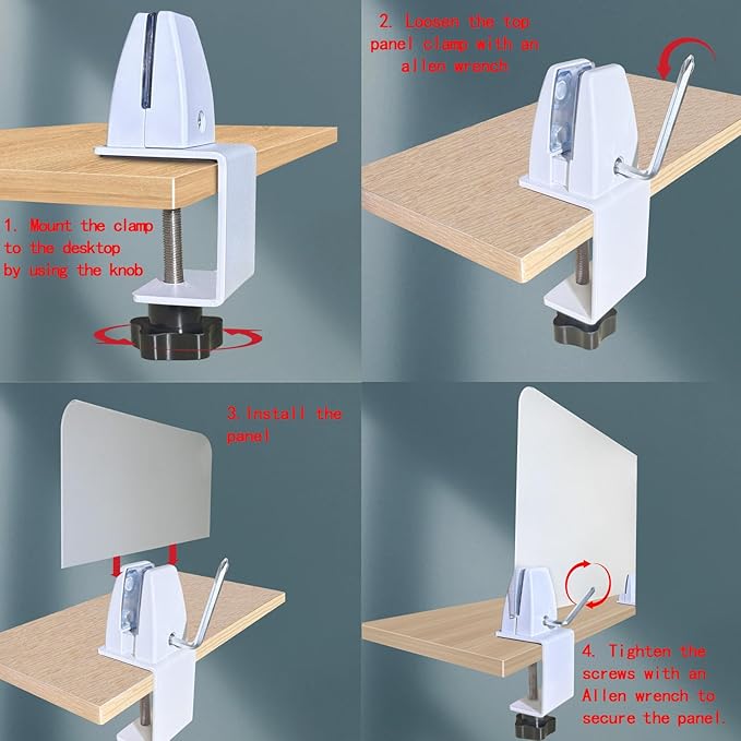 Desk Divider Clamp For 1/8" To 0.51" Panel, Adjustable Desk Partition Clamp For 0.32" To 2.04" Desktop, Standing Desk Accessories For Desk Privacy Folders, White Sneeze Guard Holder 4-pack