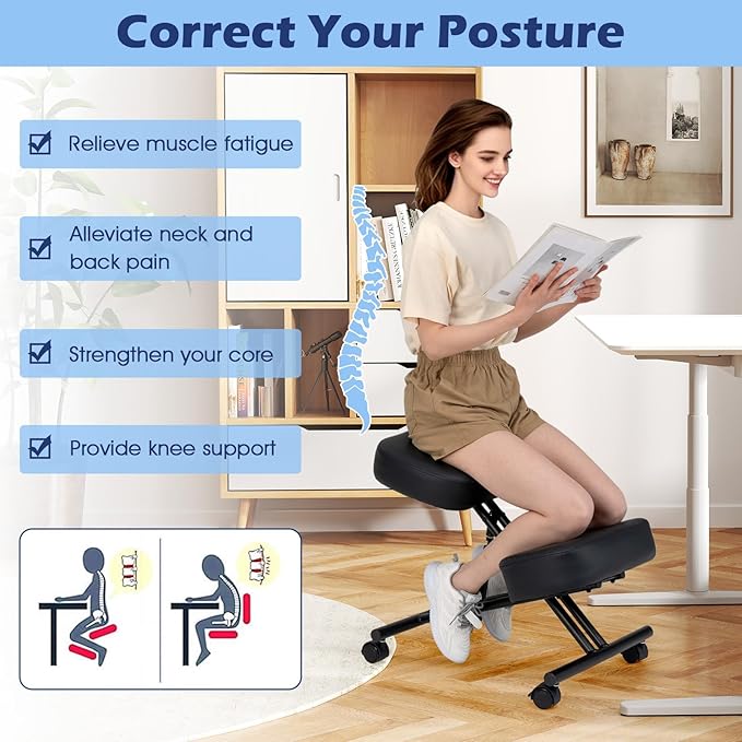 Giantex Ergonomic Kneeling Chair for Office, Knee Stool Chair w/Adjustable Height and Seat Angle to Relieve Pain, Posture Desk Chair w/Lockable Universal Wheels, Thick Padded Cushions, Black (2)
