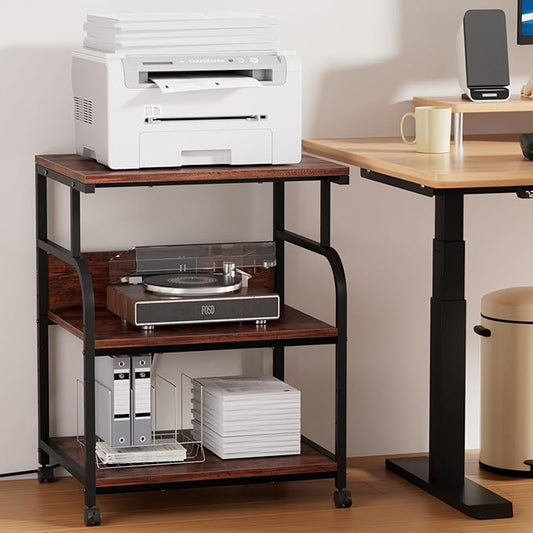 VECELO Adjustable Large Printer Stand with Power Outlet, 3-Tier Heavy Duty Cart on Lockable Wheels, Office Storage Table for Home Office, 3D Printer, Fax Machine, Scanner, Rustic Brown