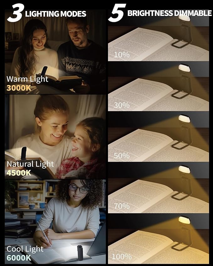 HEMONNKAM Book Reading Light, 2 Pack Rechargeable Clip on Booklight, Eye Caring 3 Color Temperatures & 5 Brightness Levels, Night Use for Bed, Long Lasting, Reading at Night in Bed, Black+Pink