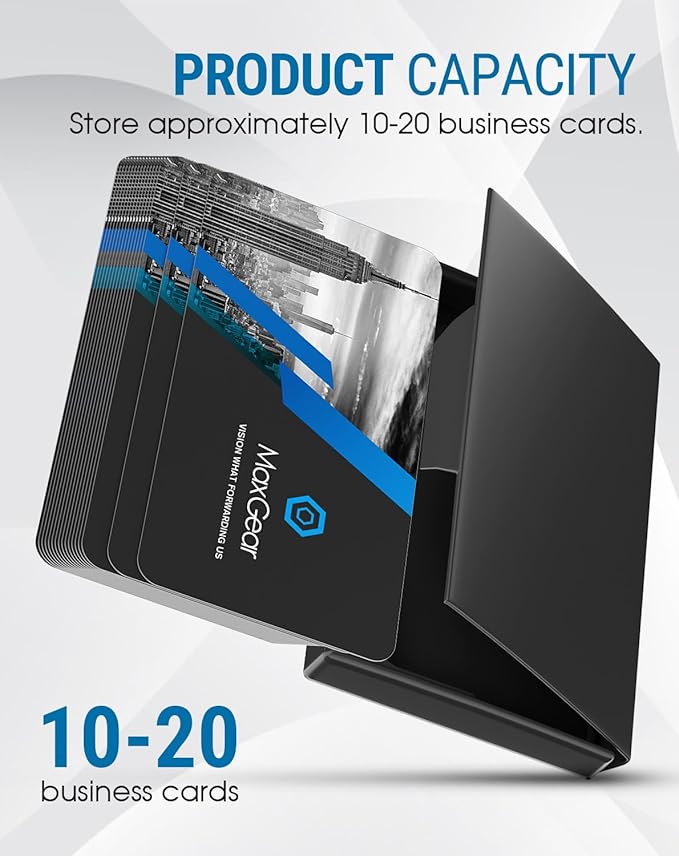 MaxGear Heavy-Duty Metal Business Card Holder for Men & Women, Stainless Steel & ABS Card Case for Business Cards, Slim Purse Name Cards Holders with Black Titanium Coating, Buckle Style Shut, Black