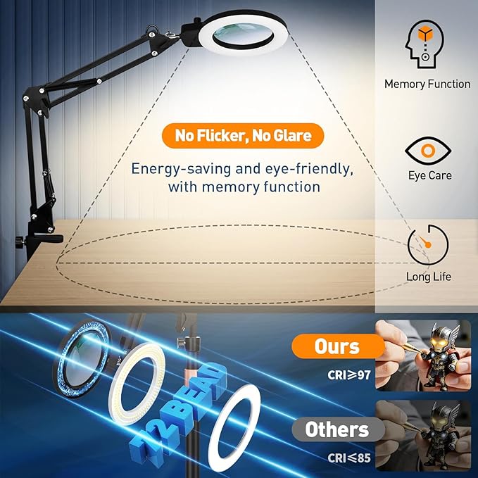KIRKAS 12X Magnifying Glass with Light and Stand, 11.2in Stable Base Magnifying Floor Lamp for Craft, Sewing, Repair, Workbench 2 in 1 Magnifier Stepless Brightness Color Modes & Adjust Height and Arm
