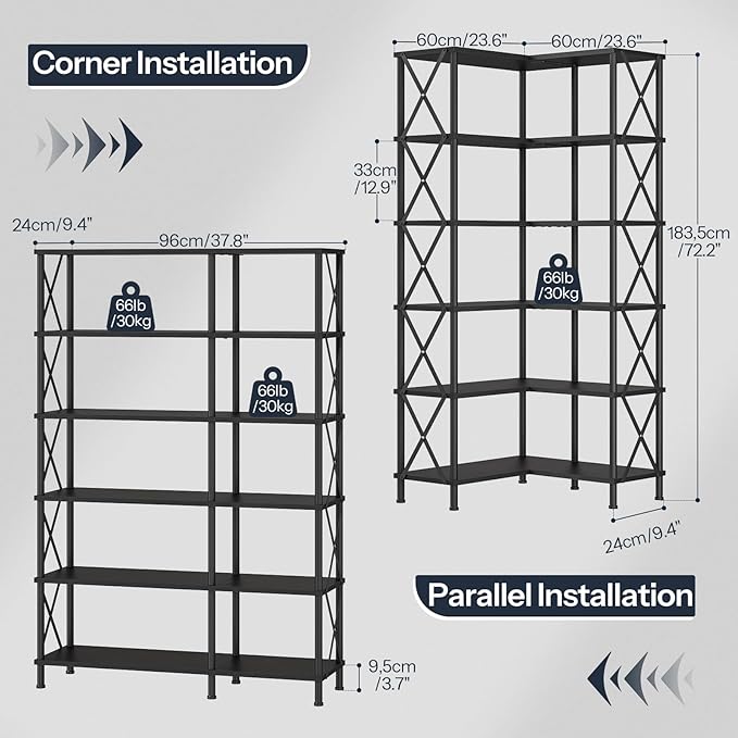 HOOBRO Corner Bookshelf, 6-Tier L-Shaped Bookcase, Industrial Open Display Shelf Tall Storage Organizer, Vertical Storage Rack, for Living Room, Home Office, Black BB61SJ01