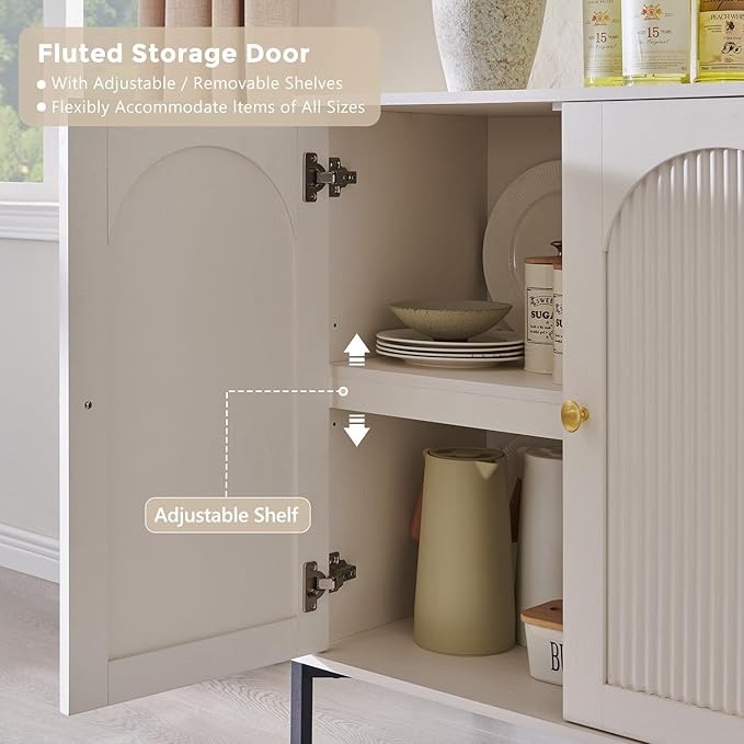IFGET Modern Buffet Cabinet with Storage, 61.75" W Fluted Arched Sideboard Cabinet w/Adjustable Shelves, Wooden Modular Coffee Bar for Dining Room, Kitchen, Living Room, Entryway, White