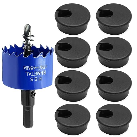 8pcs 1-3/4 Inch Desk Grommet with Drilling Hole Saw, Plastic Desk Hole Cover, Black Cable Hole Cover, Desk Hole Grommet for Wire Cord Organizing Office Computer Desk