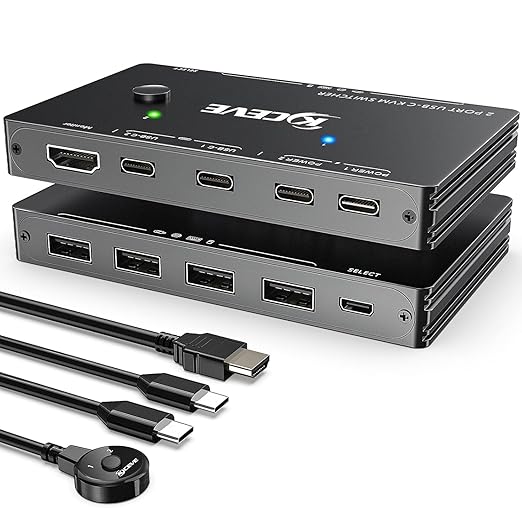 USB-C KVM Switch 2 Monitors 1 Computer, 2 Ports Type-C USB-C Switcher Support 4K@60Hz for 2 PC Share Keyboard Mouse and Monitor, Suppprt PD Fast Charging