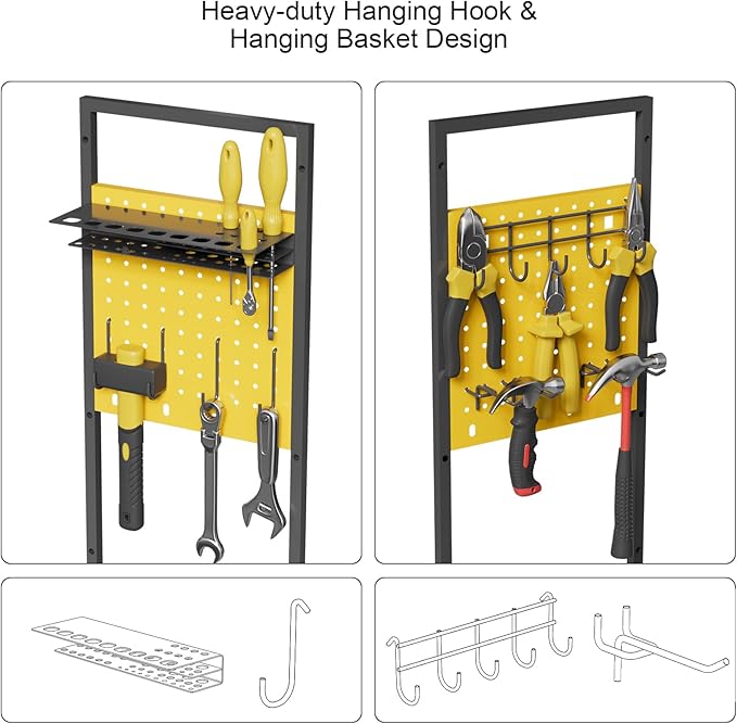 Power Tool Organizer Cart with Charging Station, Heavy Duty Garage Tool Organizer Rolling Tool Battery Storage with 8-Outlet Power Strip, 4 Wheels, 2 Hanging Baskets, 8 Hooks, Drill Bit Holder, Yellow