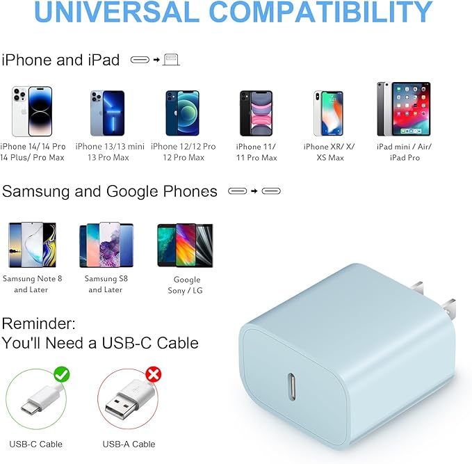 10 Ft iPhone Fast Charger, 2-Pack 20W Super Fast Charger with Long Fast Charging Cable for iPhone 14/13/12/11 Pro Max,14 Plus,Mini,Pro/XS/SE/XR/iPad - Blue