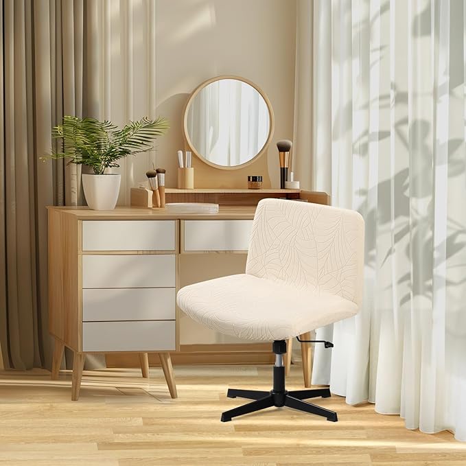 Fuloon Criss Cross Chair Cover, Waterproof, Stretchable, Solid Jacquard, Suited for Armless/Office/Desk/Mid Back Wide Seat/Computer/Task/Vanity/Accent Chair (Leaves -Shaped Jacquard, Beige)