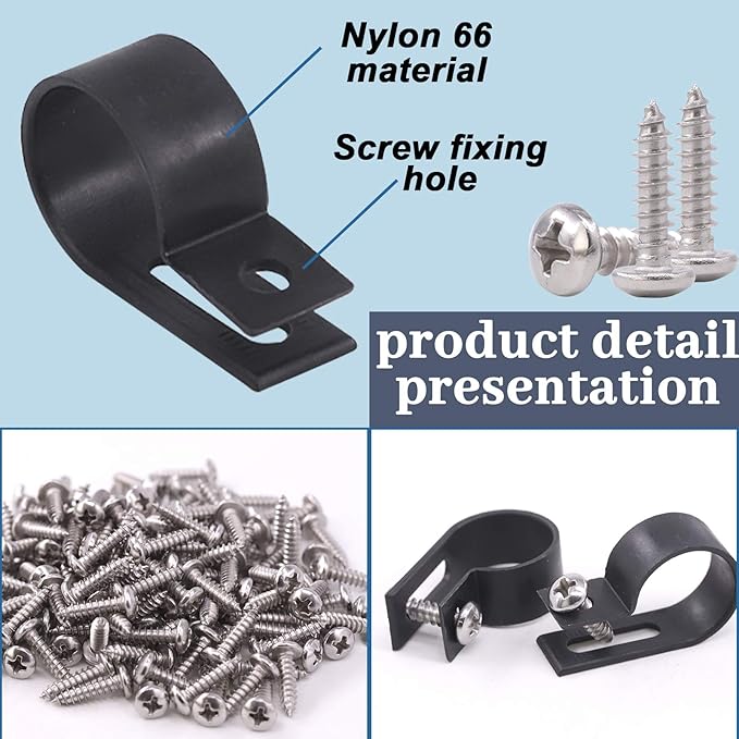 Glarks 120Pcs 3/4 Inch Black Nylon Screw Mounting R-Type Cable Clip Wire Clamp with 120Pcs Screws for Wire, Cable, Conduit and Cable Conduit Kit (Black)