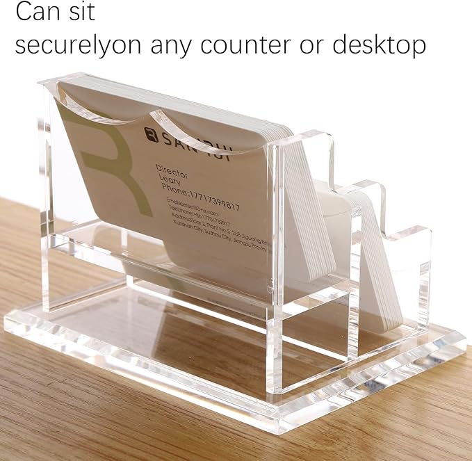 SANRUI Business Card Holder for Desk, Clear Acrylic Business Card Holders Horizontal Business Card Display Stand 2 Slots（Patent No.:US D1,001,889 S）