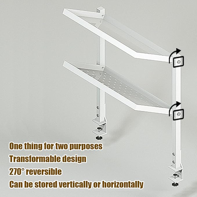 Clamp on Desk Shelf, 2 Tier Shelving Unit Clamp-on Above or Below Desk Extension Organizer Display Rack with Adjustable Metal Storage Tray, No Drilling