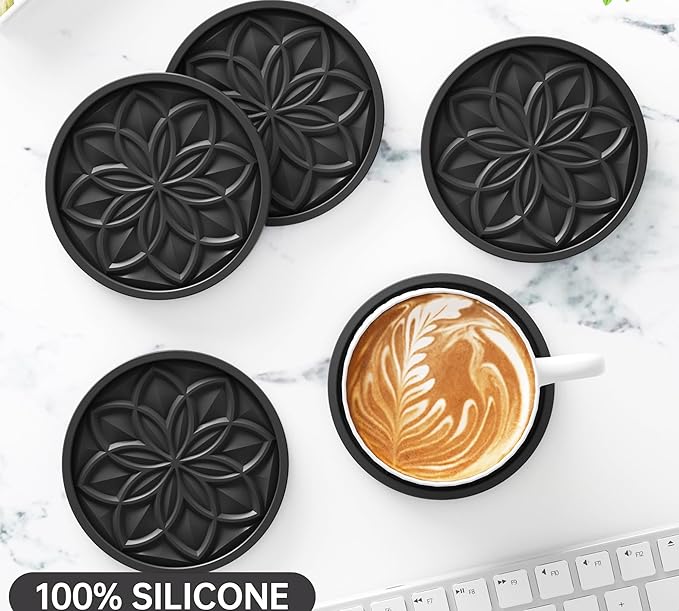 HFHOME Coasters for Drinks 4 Pcs Silicone Coasters Set, Drink Coaster for Coffee Table, Table Cup Mat Desk Coaster for Drinks, Bar Coasters for Home Decor Tabletop Protection Gift - Black