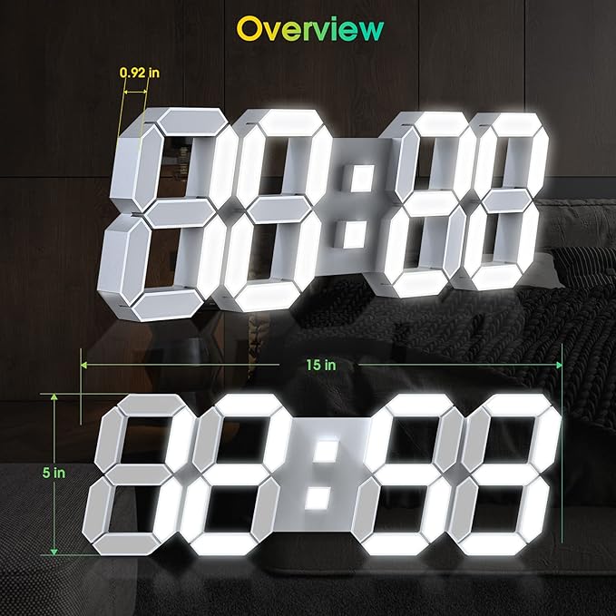 15" 3D LED Digital Wall Clock, Large Decor Wall Clock, 12/24H, Time/Date/Temperature Display, Adjust Brightness, Easy Read Time,for Office/Living Room/Meeting Room/Kitchen