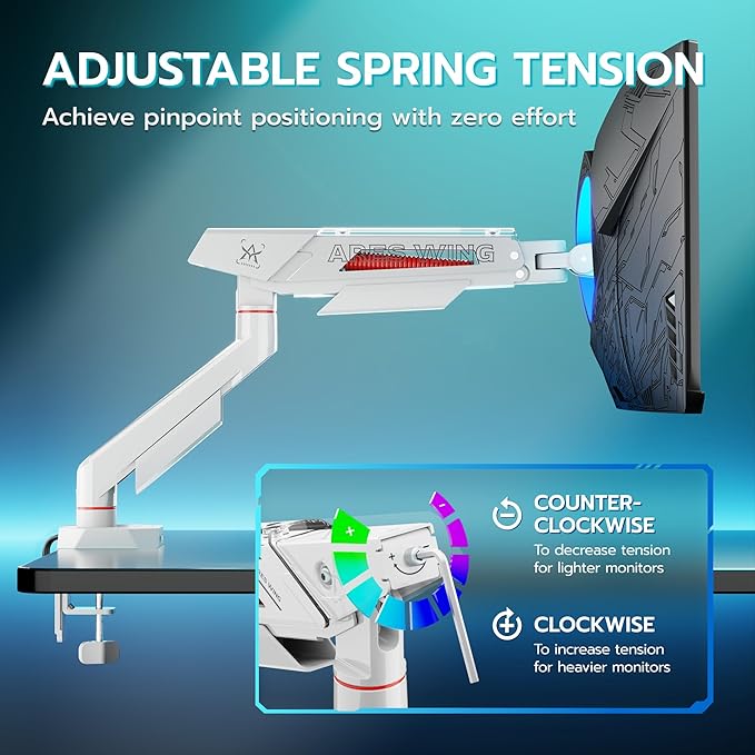 ARES WING Heavy Duty Single Monitor Arm, Fully Adjustable Single Monitor Mount for 17-40 Inch Flat Curved Ultrawide Screens Up to 26.5lbs with USB A/C, C-Clamp & Grommet Base, 75/100 Vesa Mount, White