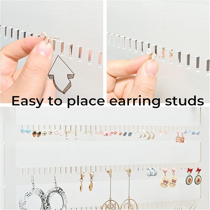 Earring Holder Organizer, 4 Layer Wall Mounted Ear Stud Display Storage, Acrylic Large Capacity Jewelry Organizer Earring Display and Storage for Studs, Dangling, Necklace