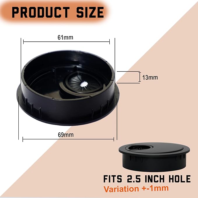 Signite 5 Pcs Plastic Desk Cable Grommet 2-1/2" –Durable Desk Hole Cover for Wire Management, Desks Cord Grommet for Workstations, Tables, Countertops 60mm Hole Cover for Home & Office Use - (Z-Black)