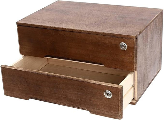 Wooden Desk Organizer with Drawers & Lock, Desktop Countertop Storage Cabinet Lockable Home Office Supplies File Tabletop Organizing Unit (2 Drawer - Retro Walnut)