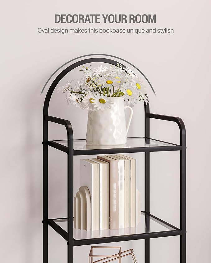 Hzuaneri Bookcase Bookshelf, Tempered Glass Bookshelves, Slim Shelving Unit for Bedroom, Bathroom, Home Office, Steel Frame, 6 Tier Black BC10601B