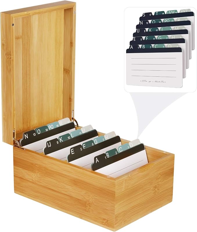 MaxGear Index Card Holder, 4 x 6Inch Wooden Business Card Organizer for Desk with 3 Dividers, Bamboo Index Cards Box with A-Z Tabs Holds 600 Cards for Recipe Flash Storage