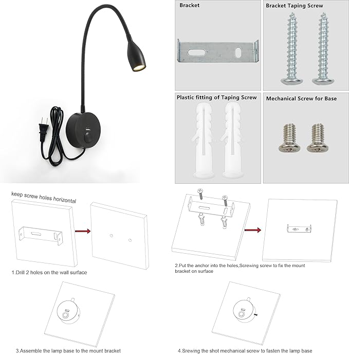 LED Wall Reading Light with USB Charging Port, Touch Dimmable Switch Gooseneck Bedside Lamp, Flexible Arm, 3W (Black, 120V Plug in, Warm White)