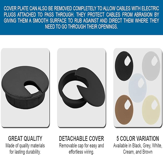 10 Pack Rok Hardware 3" (76mm) Black Round Computer Desk Table Port Wire Cable Cord Organizer Hole Cover Grommet, ROKRG3BLK
